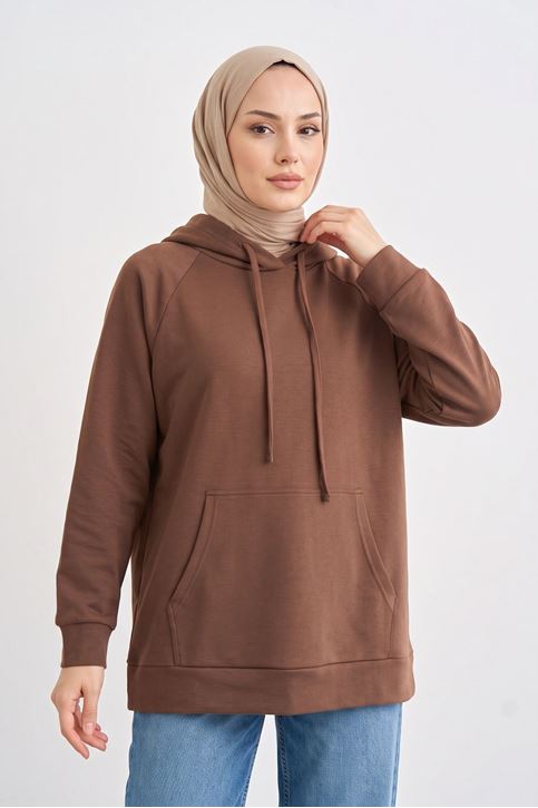 Kadın Açık Kahve Oysho Kumaş Yumuşak Dokulu Kapüşonlu Sweatshirt Kanguru Cepli Günlük Tesettür Sweat 