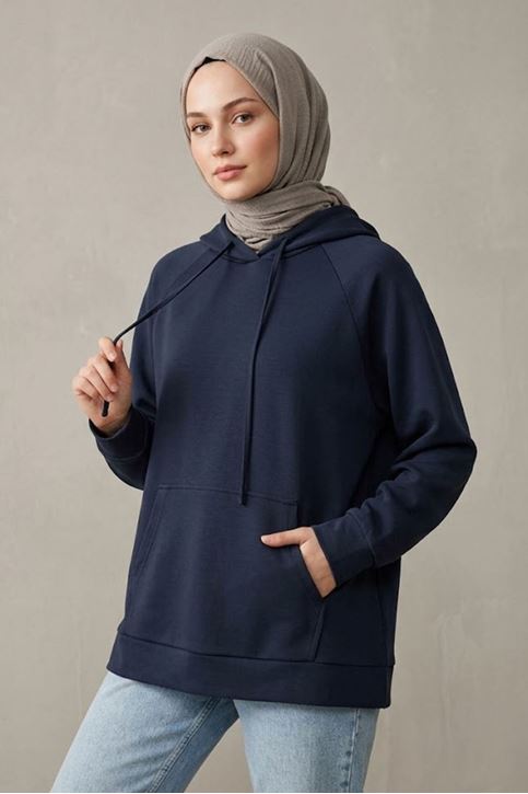 Kadın Lacivert Oysho Kumaş Yumuşak Dokulu Kapüşonlu Sweatshirt Kanguru Cepli Günlük Tesettür Sweat