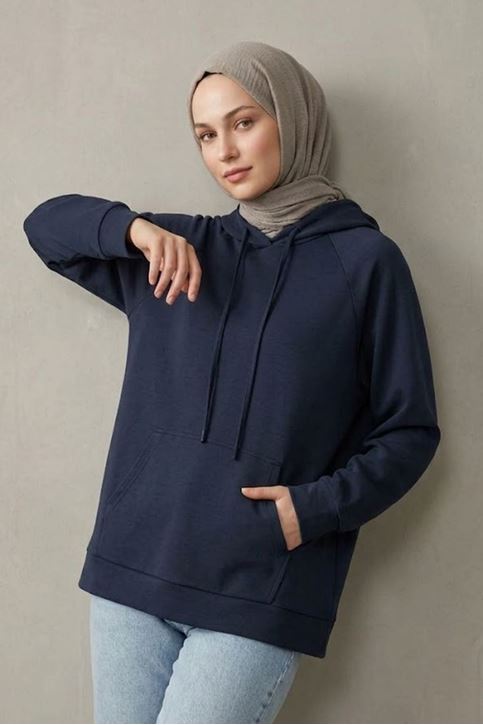 Kadın Lacivert Oysho Kumaş Yumuşak Dokulu Kapüşonlu Sweatshirt Kanguru Cepli Günlük Tesettür Sweat