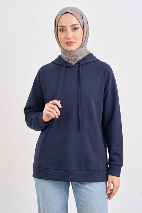 Kadın Lacivert Oysho Kumaş Yumuşak Dokulu Kapüşonlu Sweatshirt Kanguru Cepli Günlük Tesettür Sweat