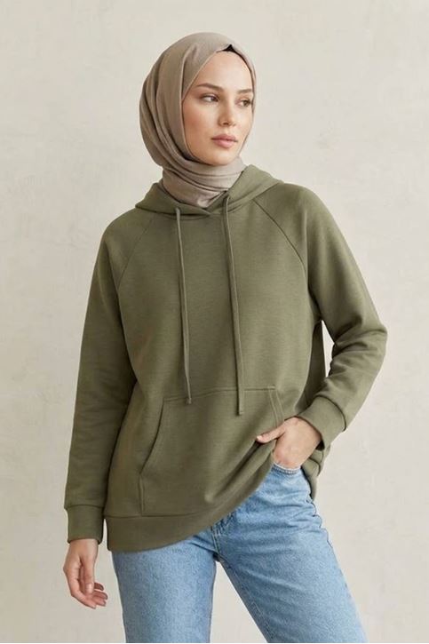 Kadın Haki Oysho Kumaş Yumuşak Dokulu Kapüşonlu Sweatshirt Kanguru Cepli Günlük Tesettür Sweat