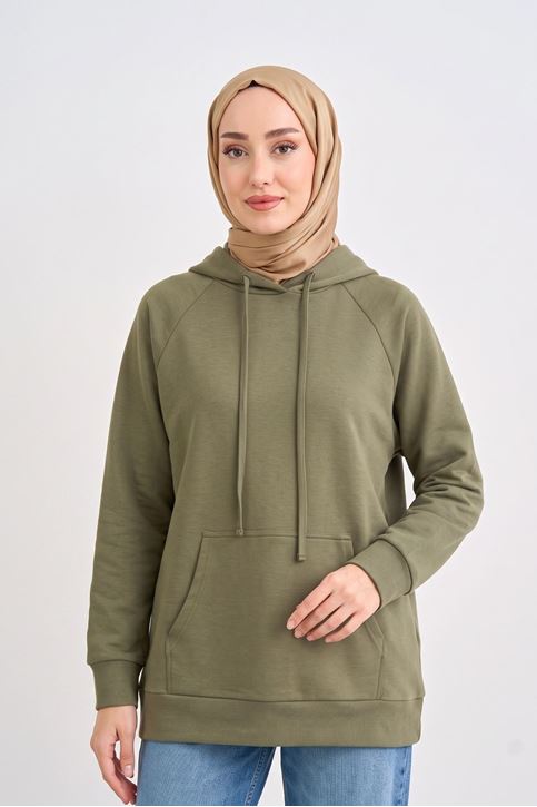 Kadın Haki Oysho Kumaş Yumuşak Dokulu Kapüşonlu Sweatshirt Kanguru Cepli Günlük Tesettür Sweat