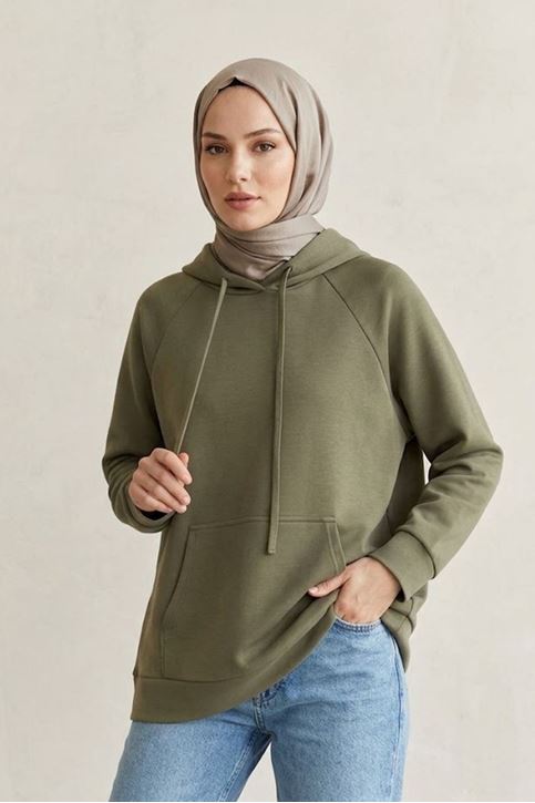 Kadın Haki Oysho Kumaş Yumuşak Dokulu Kapüşonlu Sweatshirt Kanguru Cepli Günlük Tesettür Sweat