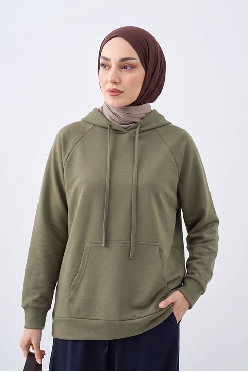 Kadın Haki Oysho Kumaş Yumuşak Dokulu Kapüşonlu Sweatshirt Kanguru Cepli Günlük Tesettür Sweat