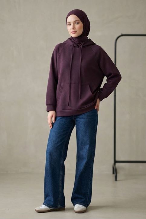 Kadın Bordo Oysho Kumaş Yumuşak Dokulu Kapüşonlu Sweatshirt Kanguru Cepli Günlük Tesettür Sweat