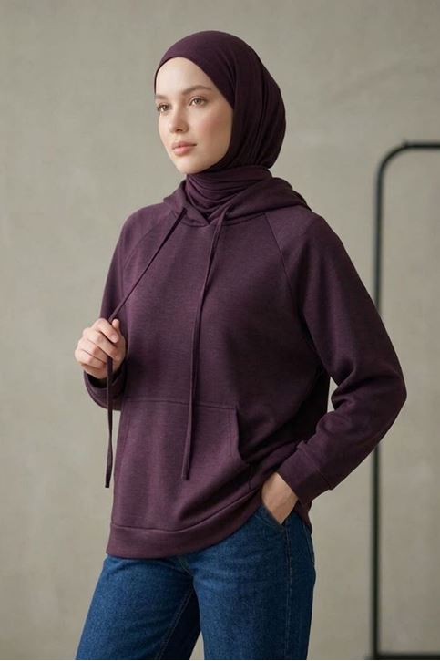 Kadın Bordo Oysho Kumaş Yumuşak Dokulu Kapüşonlu Sweatshirt Kanguru Cepli Günlük Tesettür Sweat