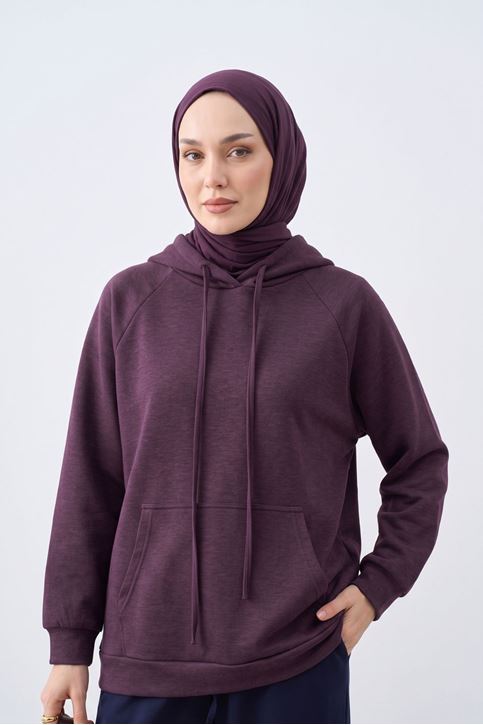 Kadın Bordo Oysho Kumaş Yumuşak Dokulu Kapüşonlu Sweatshirt Kanguru Cepli Günlük Tesettür Sweat