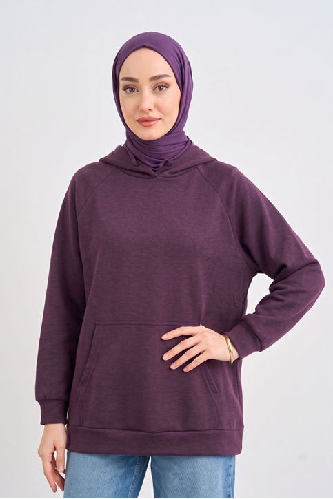 Kadın Bordo Oysho Kumaş Yumuşak Dokulu Kapüşonlu Sweatshirt Kanguru Cepli Günlük Tesettür Sweat