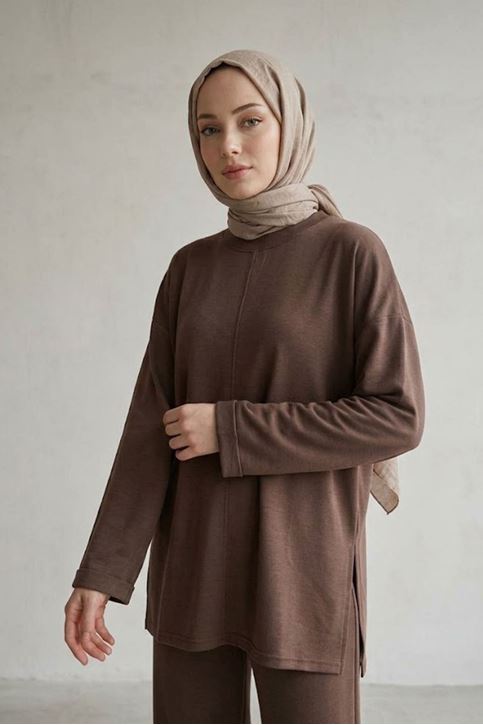 Kadın Tesettür İkili Takım Pike Modal Yumuşak Dokulu Salaş Tunik Pantolon Kahve Mevsimlik Takım