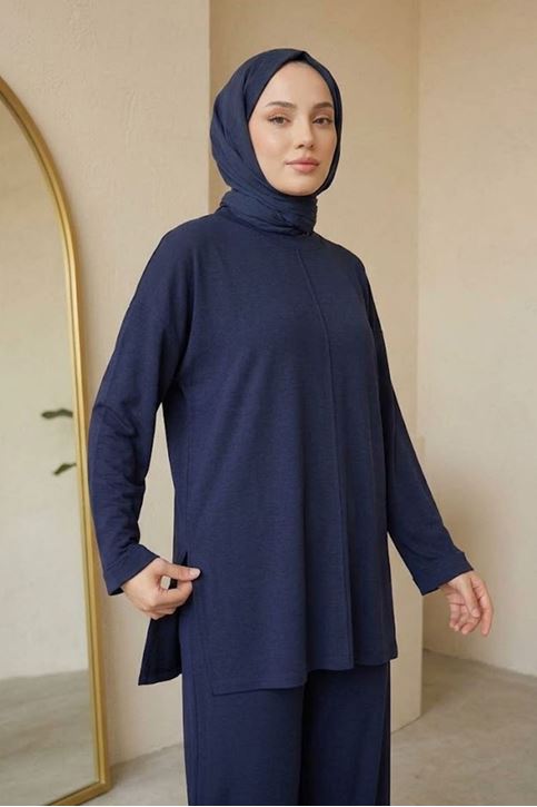 Kadın Tesettür İkili Takım Pike Modal Yumuşak Dokulu Salaş Tunik Pantolon Lacivert Mevsimlik Takım