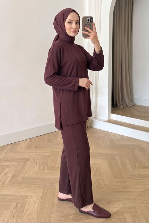 Kadın Tesettür İkili Takım Pike Modal Yumuşak Dokulu Salaş Tunik Pantolon Bordo Mevsimlik Takım