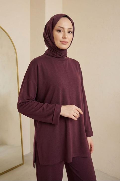 Kadın Tesettür İkili Takım Pike Modal Yumuşak Dokulu Salaş Tunik Pantolon Bordo Mevsimlik Takım