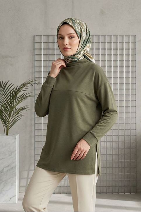 Kadın Dik Yaka Yanları Yırtmaçlı Pike Premium Kumaş Haki Tesettür Tunik