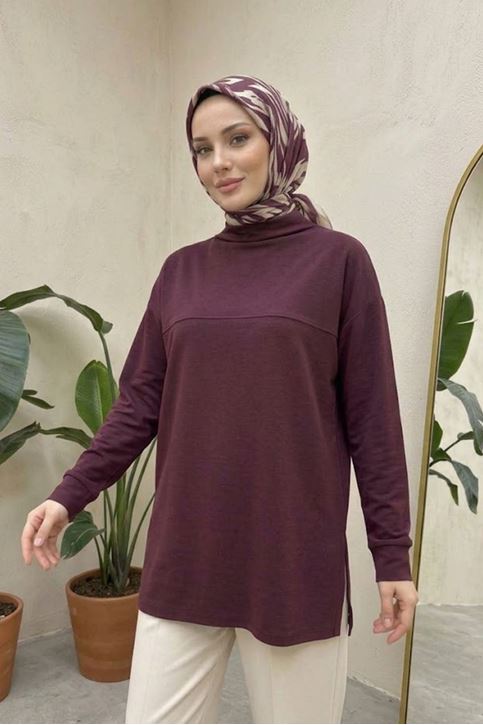 Kadın Dik Yaka Yanları Yırtmaçlı Pike Premium Kumaş Bordo Tesettür Tunik