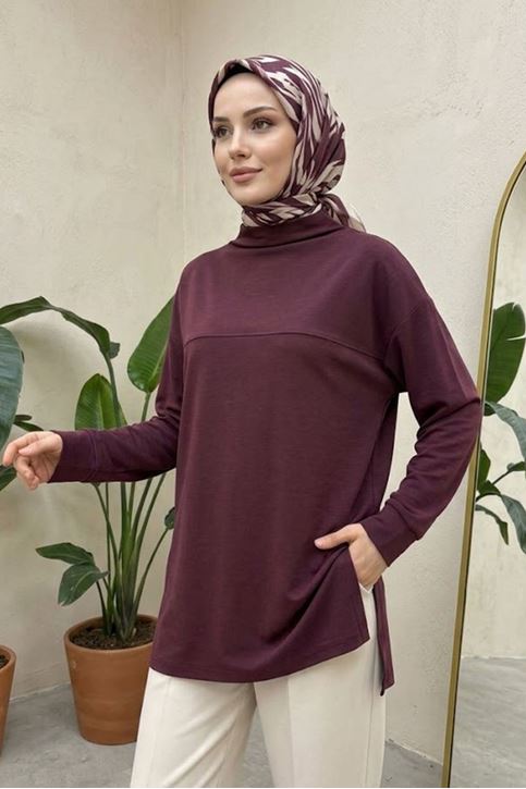 Kadın Dik Yaka Yanları Yırtmaçlı Pike Premium Kumaş Bordo Tesettür Tunik