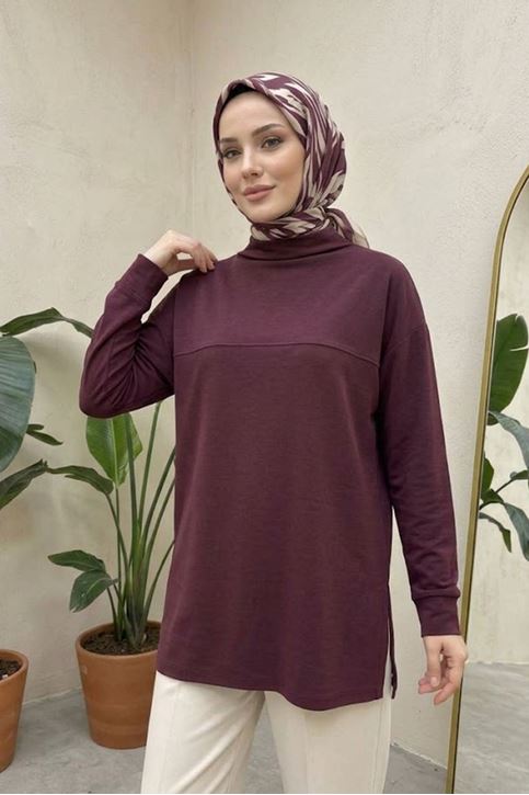 Kadın Dik Yaka Yanları Yırtmaçlı Pike Premium Kumaş Bordo Tesettür Tunik