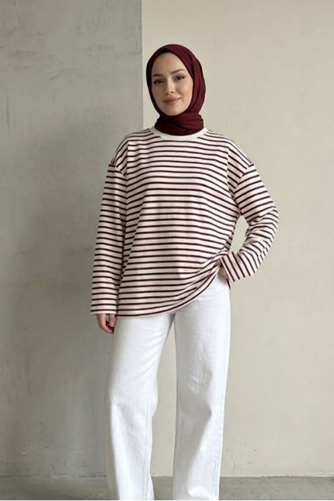 Kadın Bordo Çizgili Oversize Sweatshirt Bisiklet Yaka Uzun Kollu Yumuşak Dokulu Tesettür Üst