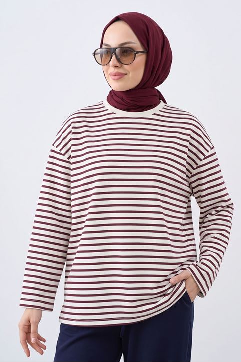 Kadın Bordo Çizgili Oversize Sweatshirt Bisiklet Yaka Uzun Kollu Yumuşak Dokulu Tesettür Üst