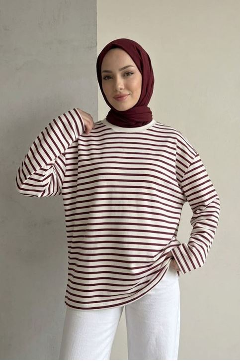 Kadın Bordo Çizgili Oversize Sweatshirt Bisiklet Yaka Uzun Kollu Yumuşak Dokulu Tesettür Üst