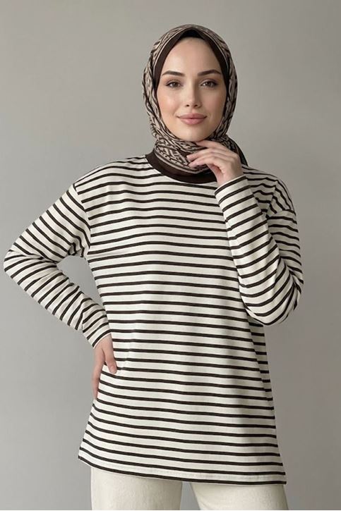 Kadın Kahve Çizgili Oversize Sweatshirt Bisiklet Yaka Uzun Kollu Yumuşak Dokulu Tesettür Üst