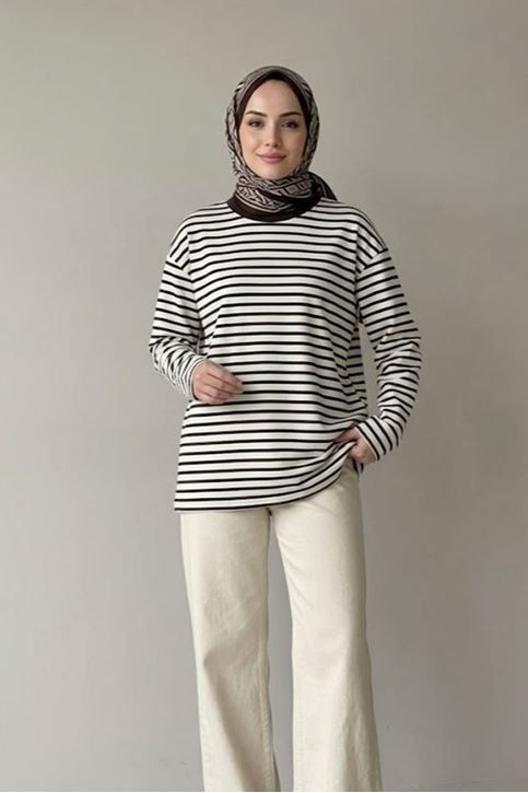 Kadın Kahve Çizgili Oversize Sweatshirt Bisiklet Yaka Uzun Kollu Yumuşak Dokulu Tesettür Üst