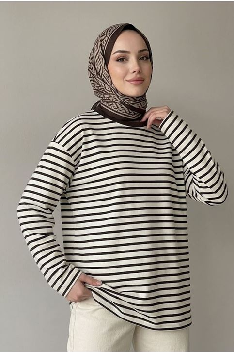 Kadın Kahve Çizgili Oversize Sweatshirt Bisiklet Yaka Uzun Kollu Yumuşak Dokulu Tesettür Üst