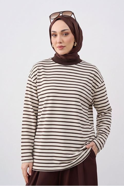 Kadın Kahve Çizgili Oversize Sweatshirt Bisiklet Yaka Uzun Kollu Yumuşak Dokulu Tesettür Üst