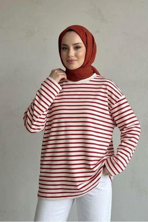 Kadın Kırmızı Çizgili Oversize Sweatshirt Bisiklet Yaka Uzun Kollu Yumuşak Dokulu Tesettür Üst