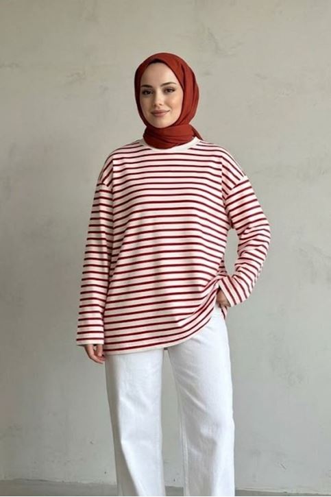 Kadın Kırmızı Çizgili Oversize Sweatshirt Bisiklet Yaka Uzun Kollu Yumuşak Dokulu Tesettür Üst