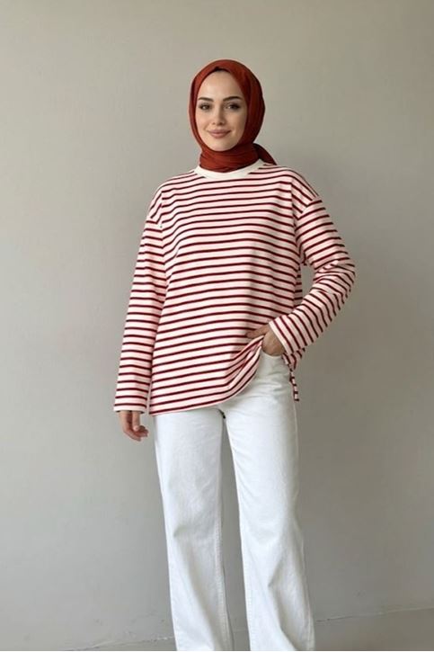 Kadın Kırmızı Çizgili Oversize Sweatshirt Bisiklet Yaka Uzun Kollu Yumuşak Dokulu Tesettür Üst
