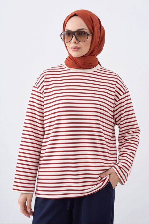 Kadın Kırmızı Çizgili Oversize Sweatshirt Bisiklet Yaka Uzun Kollu Yumuşak Dokulu Tesettür Üst