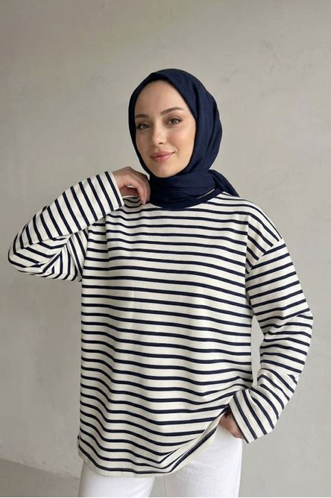Kadın Lacivert Çizgili Oversize Sweatshirt Bisiklet Yaka Uzun Kollu Yumuşak Dokulu Tesettür Üst