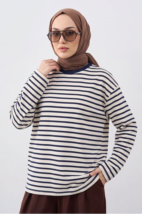 Kadın Lacivert Çizgili Oversize Sweatshirt Bisiklet Yaka Uzun Kollu Yumuşak Dokulu Tesettür Üst