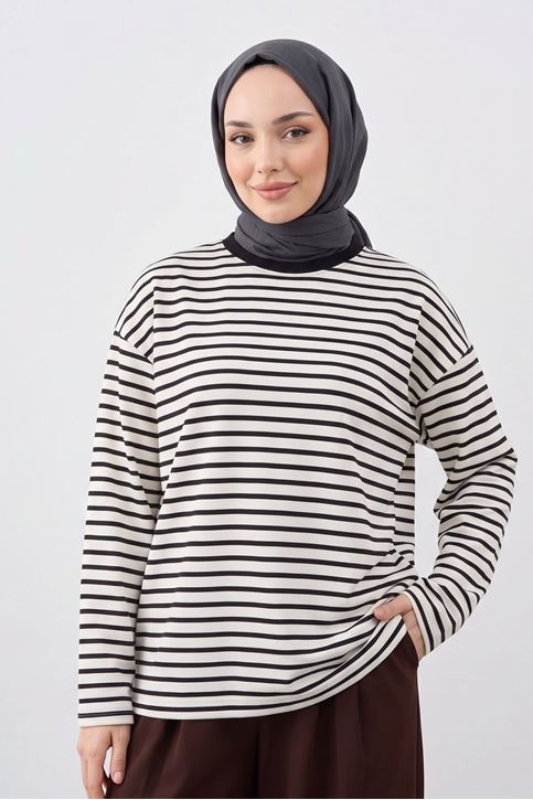 Kadın Siyah Çizgili Oversize Sweatshirt Bisiklet Yaka Uzun Kollu Yumuşak Dokulu Tesettür Üst