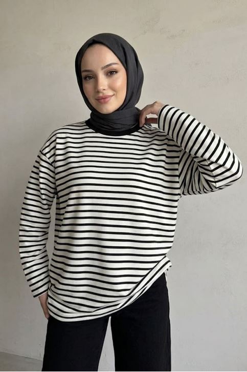 Kadın Siyah Çizgili Oversize Sweatshirt Bisiklet Yaka Uzun Kollu Yumuşak Dokulu Tesettür Üst