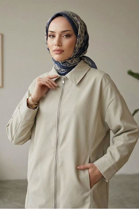Kadın Fermuarlı Taş Mevsimlik Trençkot Gömlek Yaka Rahat Kalıp Cepli Tesettür Trençkot