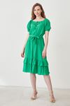 Kadın Önü Bağlama Detaylı Eteği Volanlı Elbise Yeşil