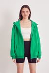 Kadın İçi Polarlı Ön Fermuarlı Kapşonlu Ceket Sweatshirt Hırka Yeşil
