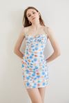 Kadın İp Askılı Çiçek Desenli Büzgülü Mini Elbise Mavi