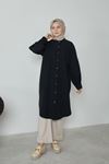 Kadın Kol Nervür Detaylı Hakim Yaka Boydan Düğmeli Yırtmaçlı Yazlık Trend Modest Uzun Tesettür Tunik-Siyah
