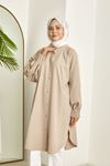 Kadın Kol Nervür Detaylı Hakim Yaka Boydan Düğmeli Yırtmaçlı Yazlık Trend Modest Uzun Tesettür Tunik-Taş