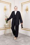 Kadın Ön İki Bağcıklı V Yaka Kimono Pantolonlu Yazlık Rahat Kalıp Tesettür Takım Siyah