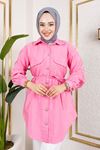 Kadın Gold Düğme Detaylı Kolu Pile Büzgülü Bağcıklı Uzun Yazlık Modal Kumaş Tesettür Gömlek Tunik Pembe