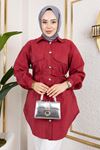 Kadın Gold Düğme Detaylı Kolu Pile Büzgülü Bağcıklı Uzun Yazlık Modal Kumaş Tesettür Gömlek Tunik Bordo