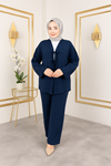 Kadın Ön İki Bağcıklı V Yaka Kimono Pantolonlu Yazlık Rahat Kalıp Tesettür Takım Lacivert