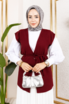 Kadın Bağlamalı Tek Düğmeli Keten Trend Tesettür Yelek Bordo