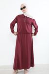 Kadın Polo Yaka Fermuar Detay Tunik Büzgü Detaylı  Tesettür Etekli Takım Bordo