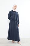 Kadın Polo Yaka Fermuar Detay Tunik Büzgü Detaylı  Tesettür Etekli Takım Lacivert
