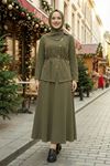 Kadın Çapraz düğme Tesettür İkili Takım Kuşaklı Tunik Uzun Etek Takım Günlük ve Şık Kombin Haki 