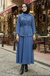 Kadın Çapraz düğme Tesettür İkili Takım Kuşaklı Tunik Uzun Etek Takım Günlük ve Şık Kombin İndigo